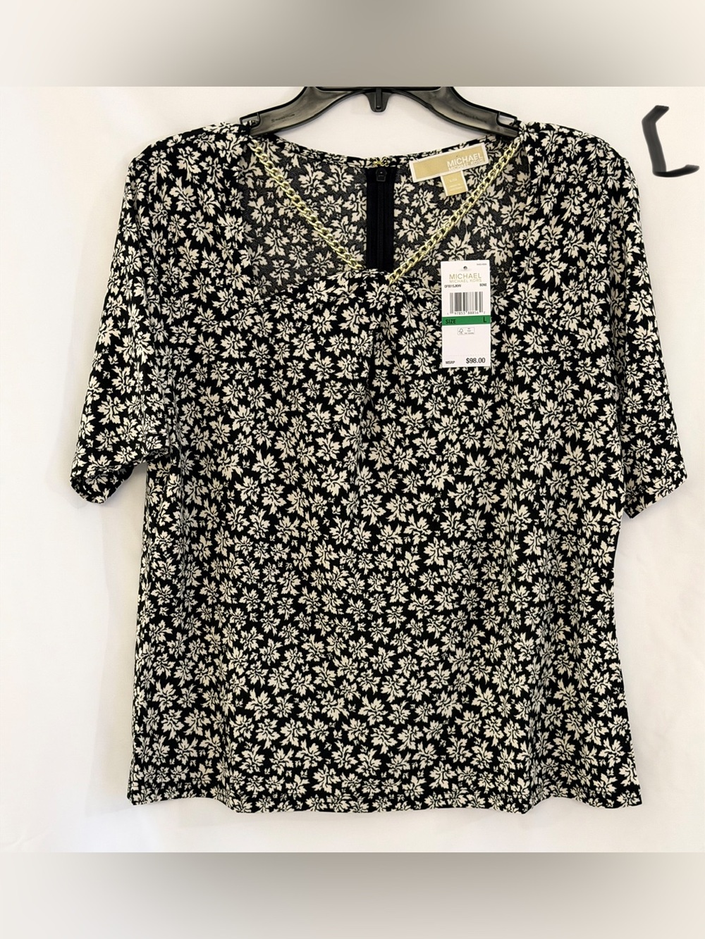Michael Kors Black and White Floral Short Sleeve Top with Contrasting Trim